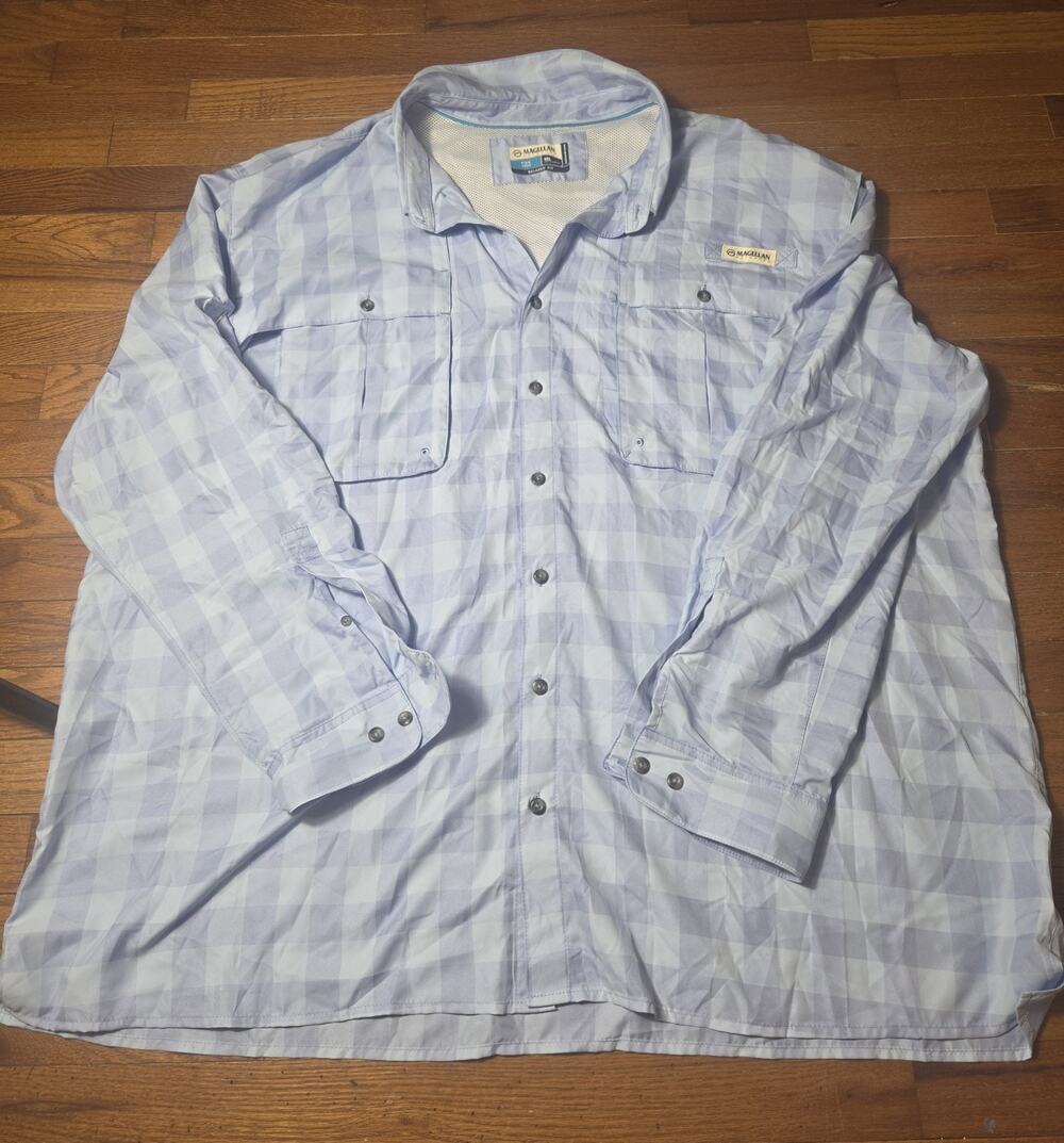 Magellan Fish Gear 4XL Relaxed Fit Fishing Shirt Blue Plaid Vented Long Sleeve